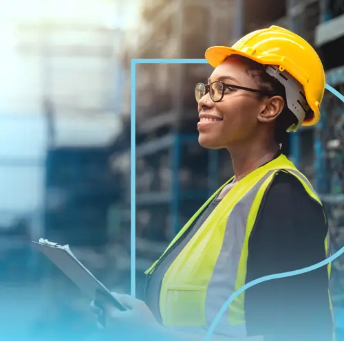 A woman wearing a yellow hard hat and safety vest holding a clipboard with her body facing the left with a light blue gradient and